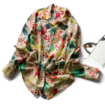 

100% Natural Silk Women's Shirt Turn Down Collar Long Sleeves Printed Blouse Shirt