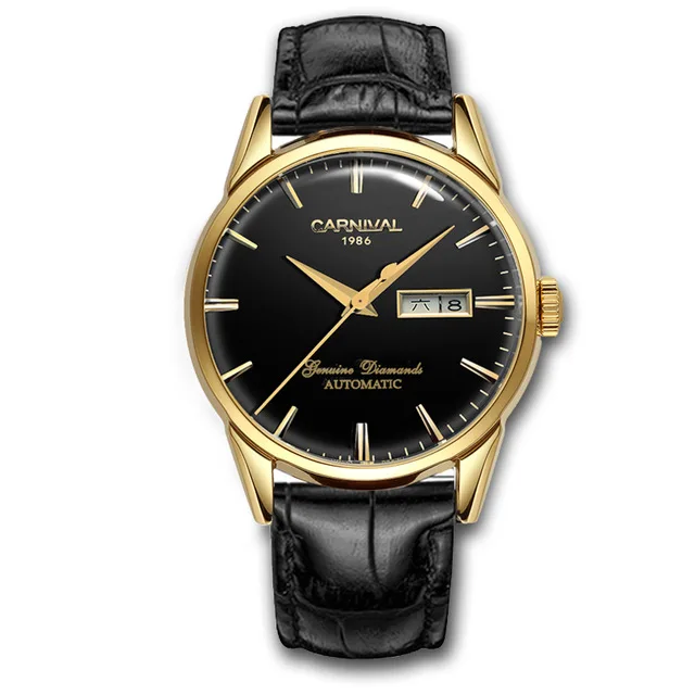 Качественный KARNEVAL Uhren myanner Топ Luxus Marke Automatische Mechanische Uhr сапфир вассердихте Uhren Leder mjannlichen нарукавная повязка - Цвет: gold black black