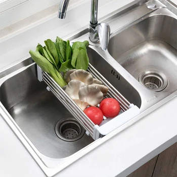 

Fruit Vegetable Tray Drainer Stainless Steel Adjustable Telescopic Kitchen Over Sink Dish Drying Rack Insert Storage Organizer