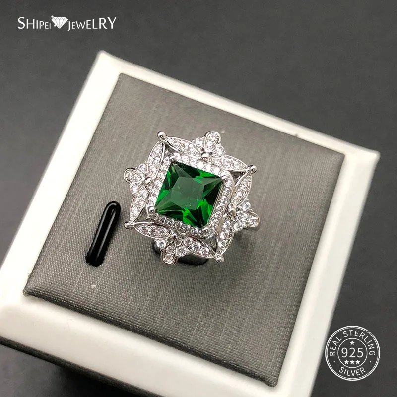 

Shipei 100% 925 Sterling Silver Luxury Emerald Ruby Sapphire Princess Square Engagement Wedding Ring for Women Anniversary Gift