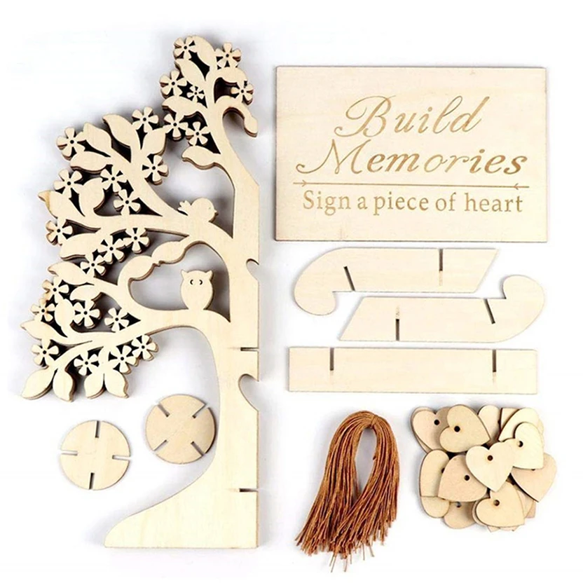 3D DIY Assemble Wedding Guest Book Tree Wooden Hearts hanging Pendant Ornaments Party Decoration 100pcs Wooden Heart Tags