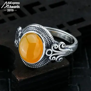 

10*8mm 6.18 Sale S925 Sterling Silver Ukraine Amber Rings Exaggerated Rings health rich lithuania Retro Handmade