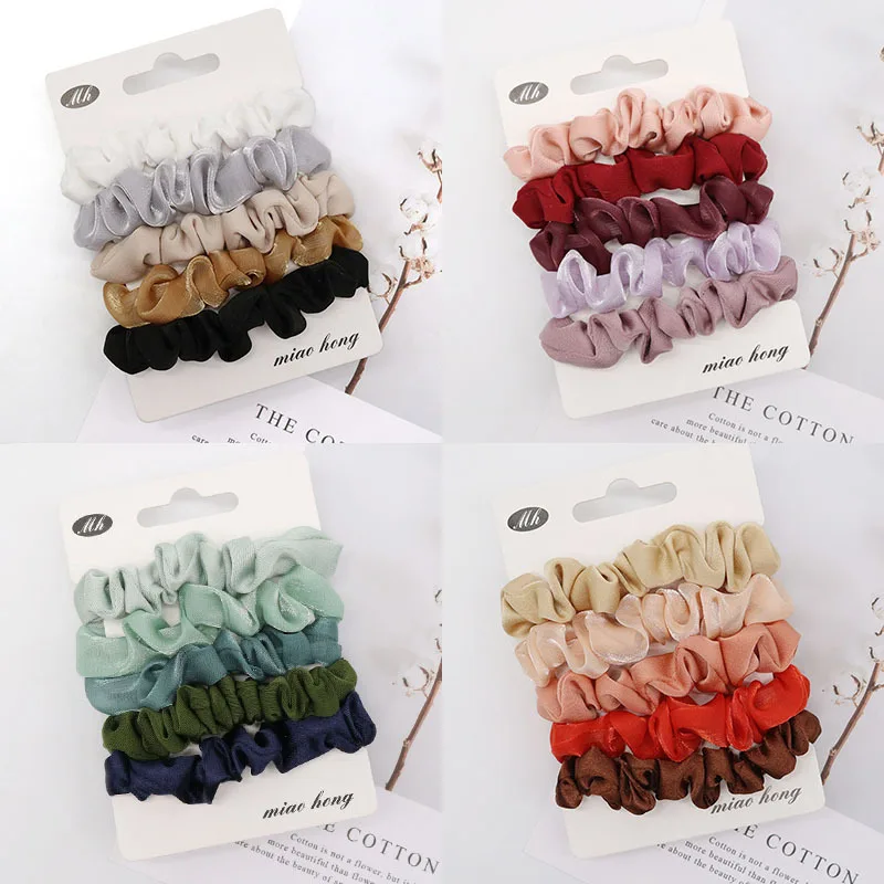 5Pcs/pack Fashion Thin Shiny Organza Hair Scrunchies Set Gradient Color Hair Ties Rubber Bands Women Ponytail Elastic Hair Bands