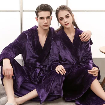 

Lovers Plus Size Long Flannel Warm Bathrobe Men Women Thickening Winter Kimono Bathrobe With Pocket Solid Dressing Gown Robes