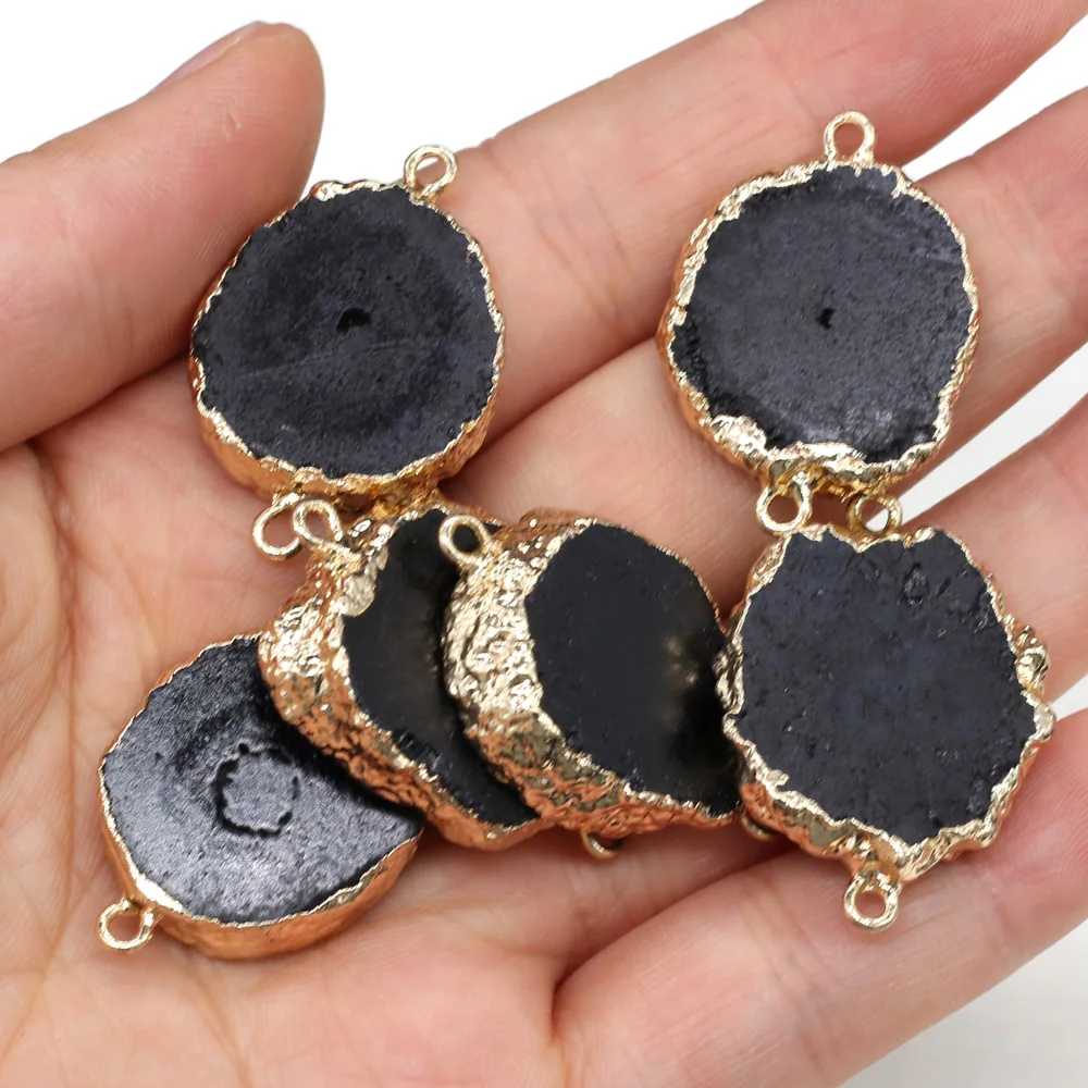 

1PC Natural Stone Connector Charm Pendant Round Black Agates Double Hole for Jewelry Making DIY Necklace Bracelet 15x20-20x30mm