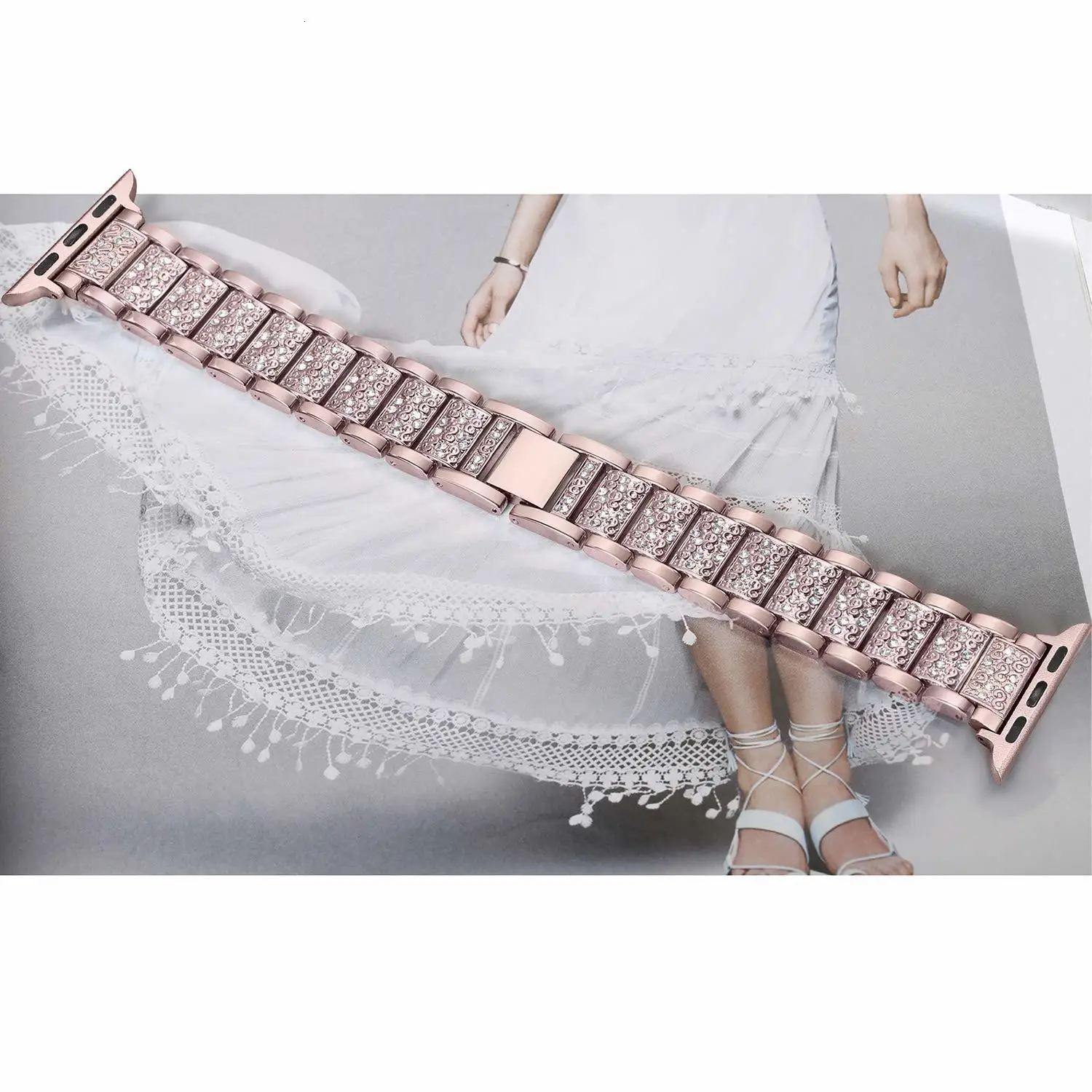 For Apple Watch Band 40mm 44mm 38mm 42mm Diamond Stainless Steel Loop for Apple Watch series 4 3 2 1 iWatch Rose Pink Bracelet