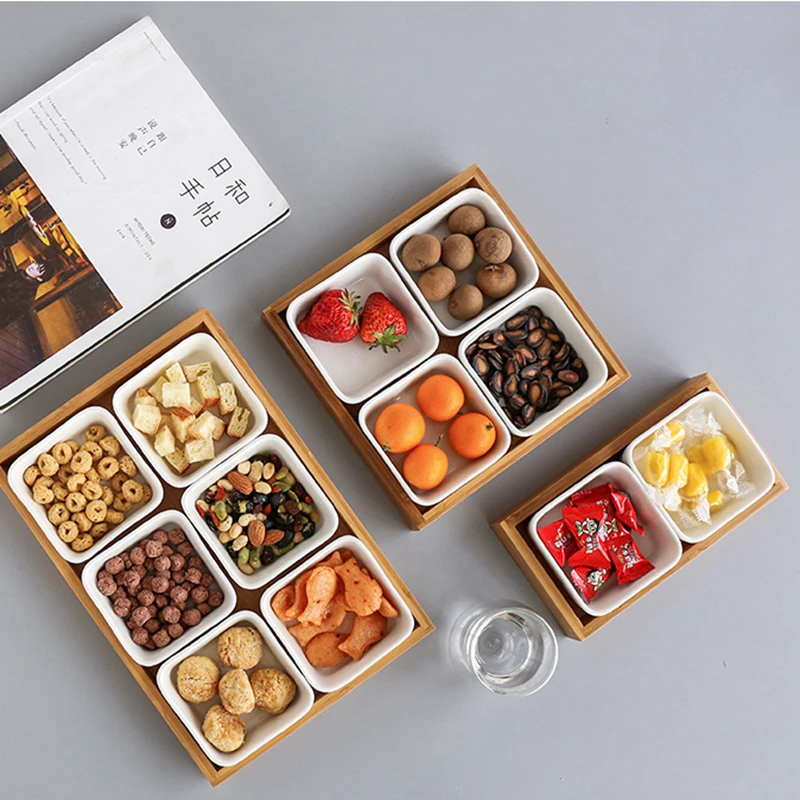 

Dried Fruit Plate Removable Ceramic Compartment Bowls with Bamboo Tray Home Living Room Coffee Table Candy Snack Plate Holder