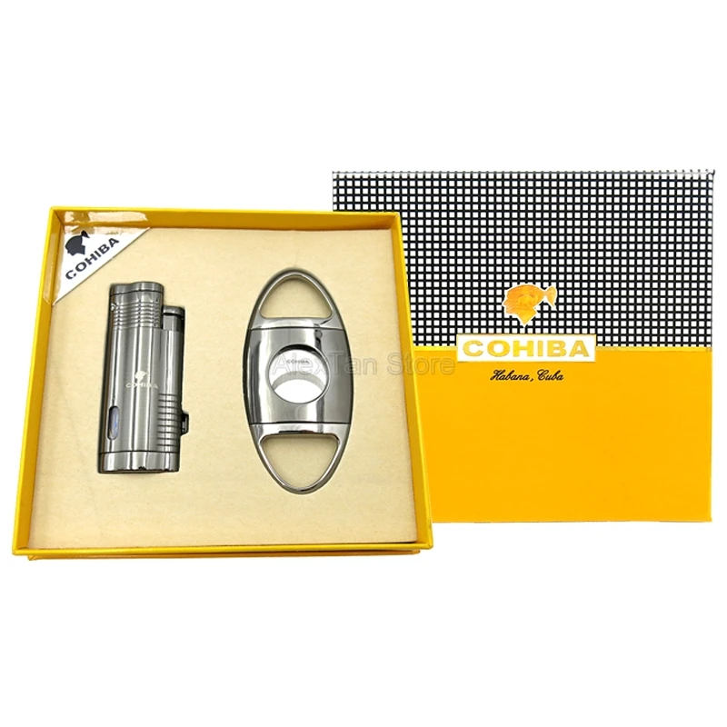 COHIBA черная металлическая ветрозащитная Зажигалка для сигар 3 фонарь