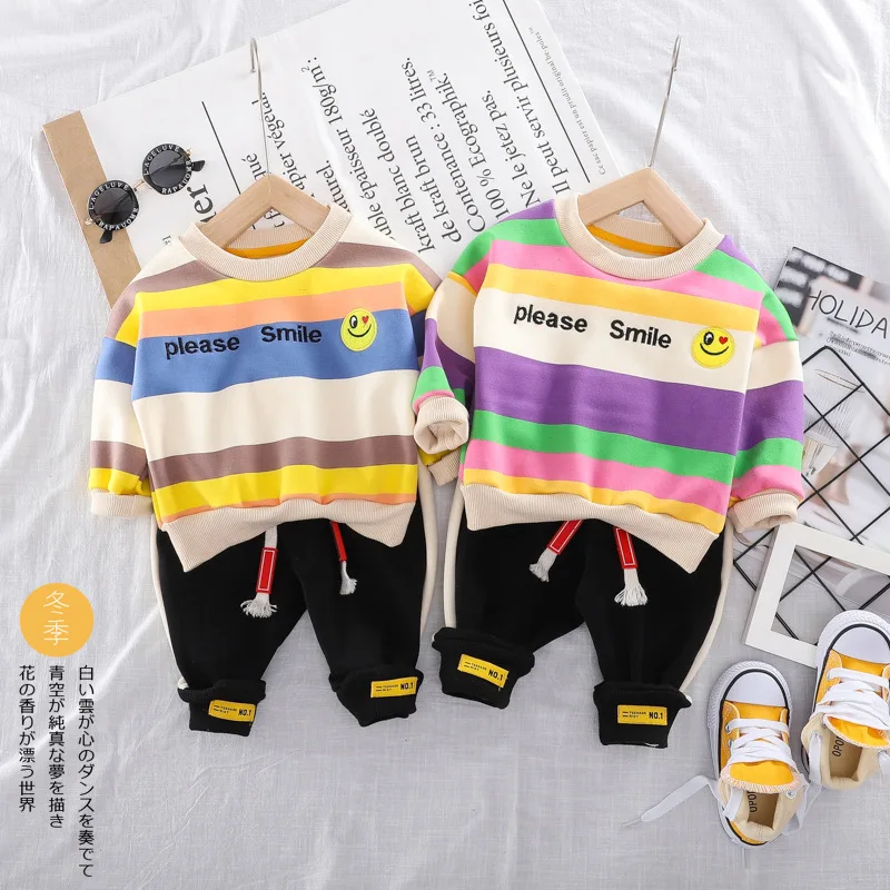 

2019 Winter Baby's Sets Girls Striped Smiling Face Sweatshirt Hoodies + Casual Sport Trousers Thick Velvet Kids Boys 2Pcs Suits