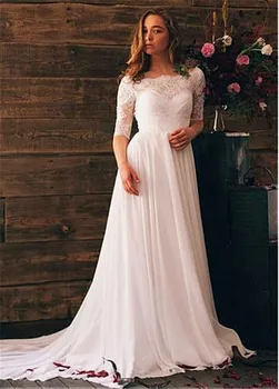 

Half Sleeves Chiffon A-Line Wedding Dresses Lace Up Back Custom Made Spring Long Bride Party Gowns Cheap Lace