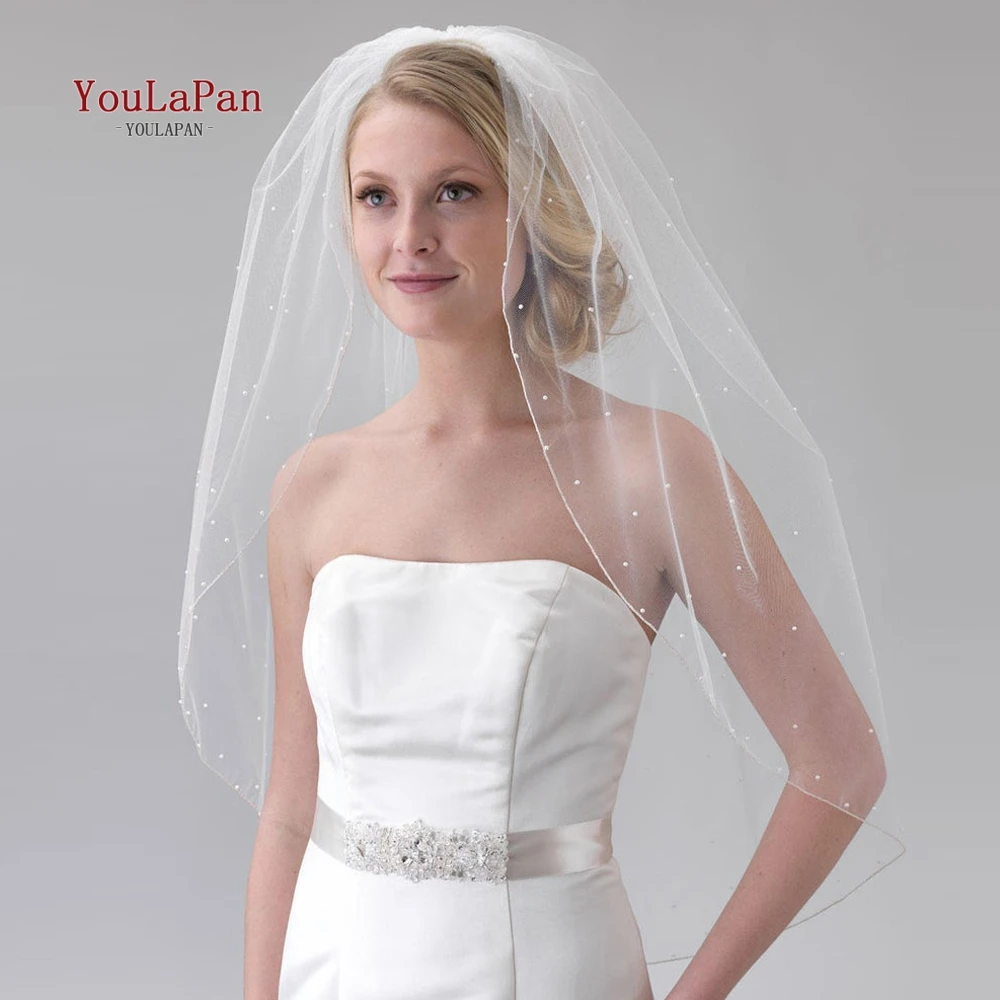 

YouLaPan V06 Wedding Veil White Bridal Veil with Comb 1 Tier Pencil Edge with Pearl Center Cascade for Bachelorette Party Prom
