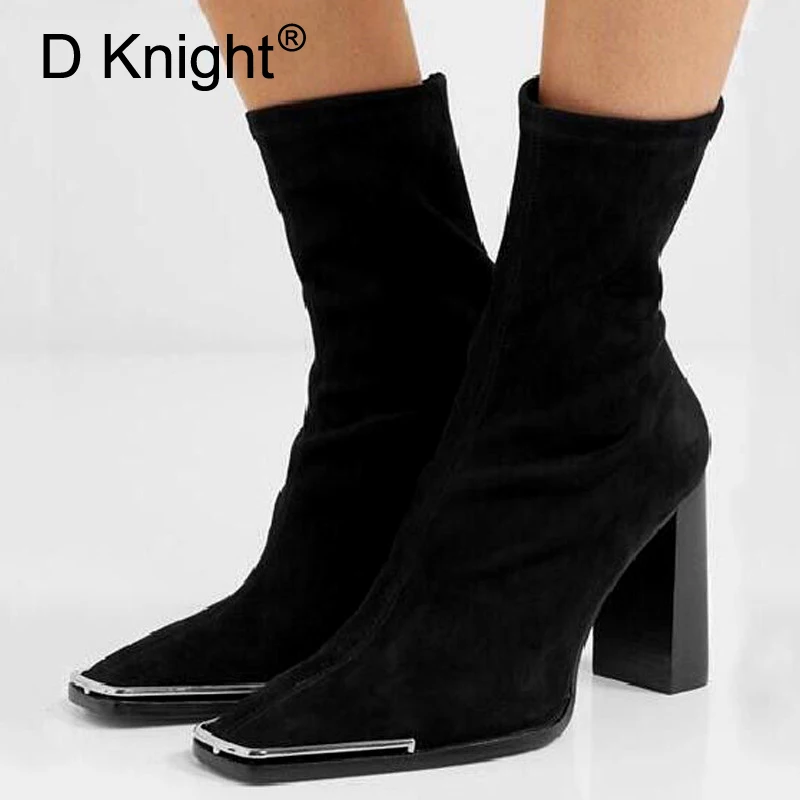 

2020 Spring and Autumn New Metal Buckle Square Toe High Heels Women's Short Boots Thick Heels Elastic Sock Ankle Boots For Woman