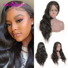 HALOQUEEN 13X4 кружева закрытие малайский парики из натуральных волос объемная волна парики предварительно вырезанные волосами младенца 8-22 дюймов волосы Remy человеческие волосы парики шнурка