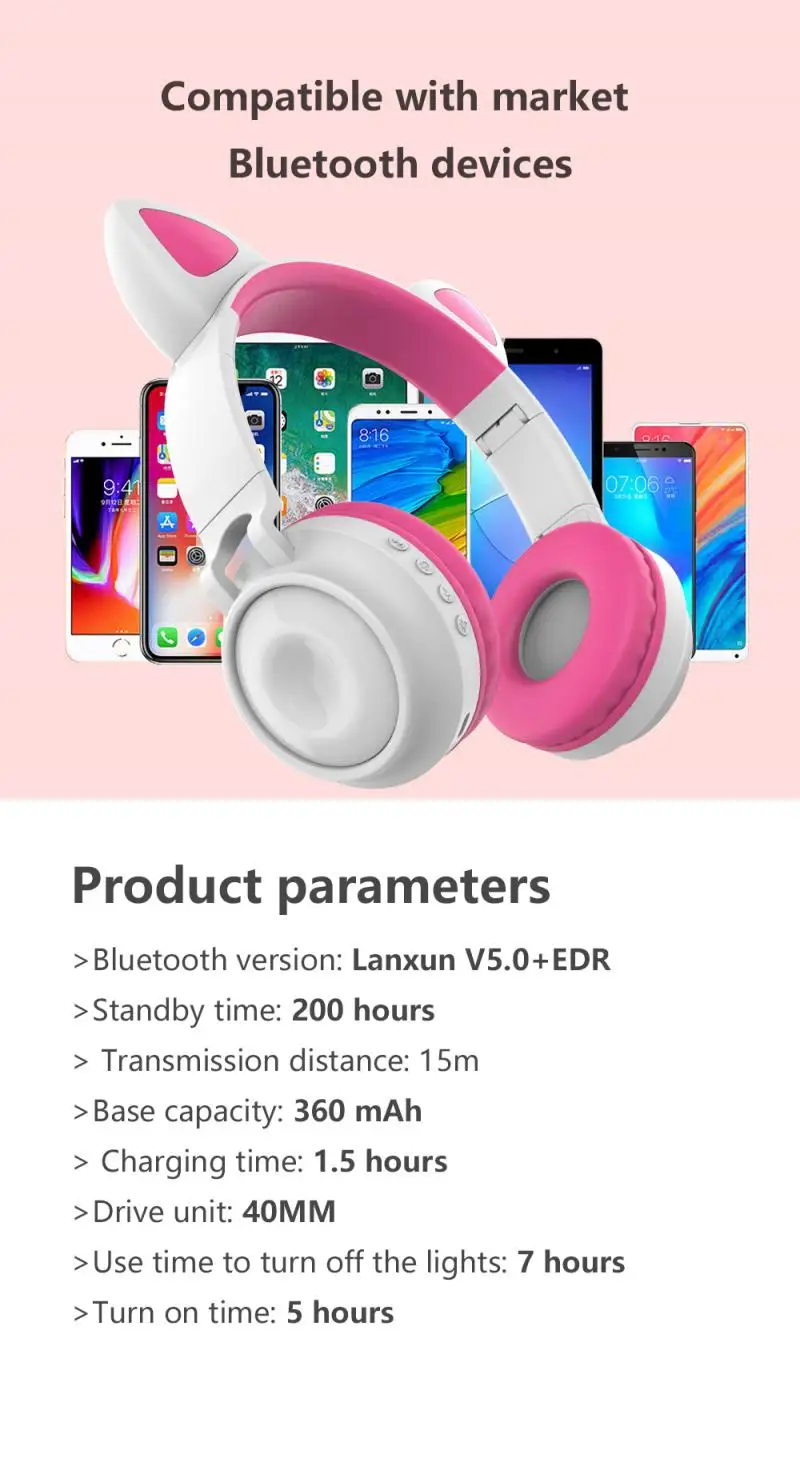 Cute Wireless Headphones Glowing Bluetooth 5 0 Headphone For Girls Cat Ear Headset Hifi Stereo Music With Microphone Dropship