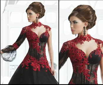 

Arabian Design Black and Red High Collar Appliqued Beaded Sheer Back Long Sleeve Puffy Evening mother of the bride Dresses