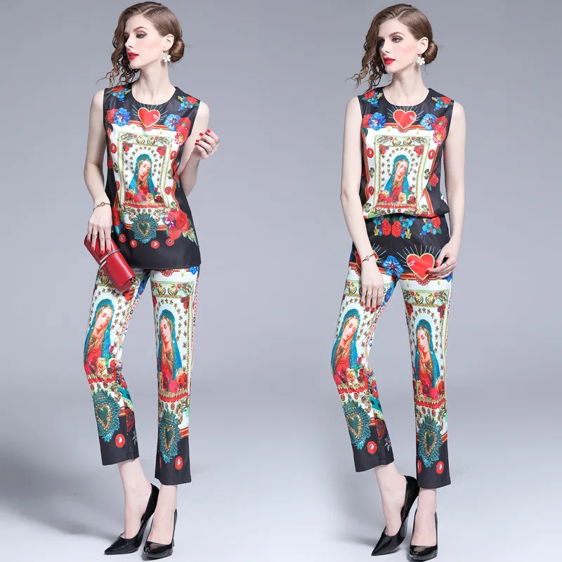 

2019 New Style Fashion Europe And America Two-Piece Set Summer European Women's Printed Shirt T-shirt + Capri Pants Set [Photo S
