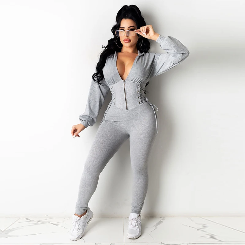 2021 New Style Women Solid One Piece Jumpsuit Ladies Side Lace Up Drawstring Zipper Fitness Rompers Playsuits Hooded Bodysuits