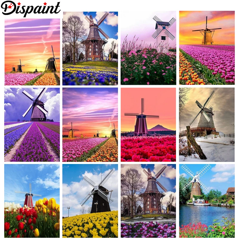 Dispaint 5D алмазная Вышивка Набор для рукоделия &quotТюльпаны ветряная мельница