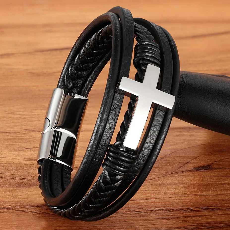 Classic Style Cross Men Bracelet Multi-Layer Stainless Steel Leather Bangles Magnetic Clasp - Image 3