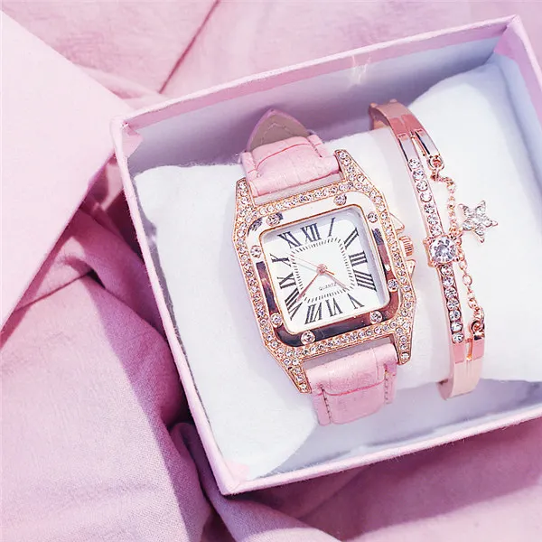 Женские часы, набор, звездное небо, женские часы-браслет, повседневные, кожа, кварцевые наручные часы, квадратные часы, Relogio Feminino, без коробки, браслет - Цвет: Розовый