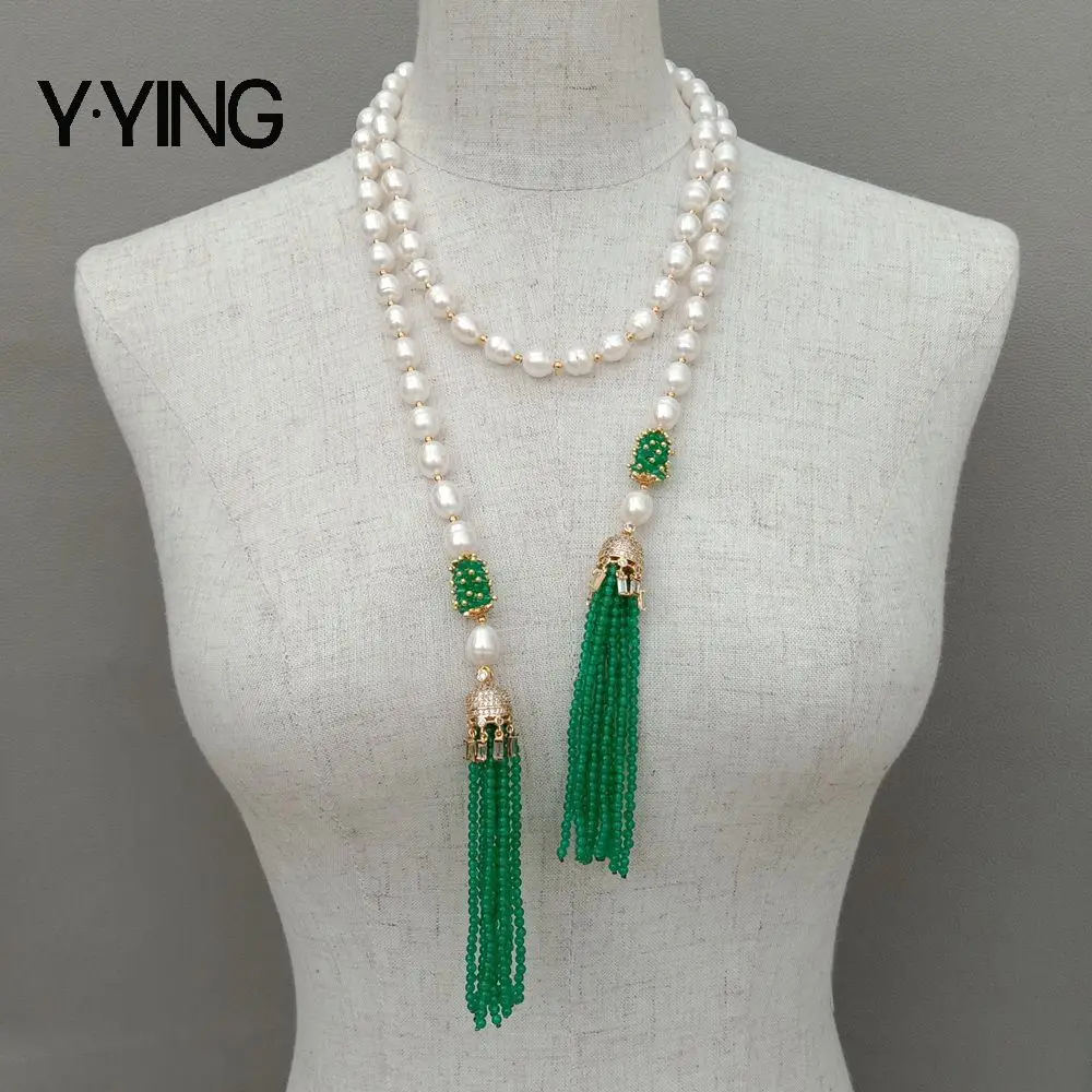 Y·YING 51'' Cultured White Rice Pearl Green stone Tassel CZ Pave Pendant Long Necklace sweater necklace for party women gift |