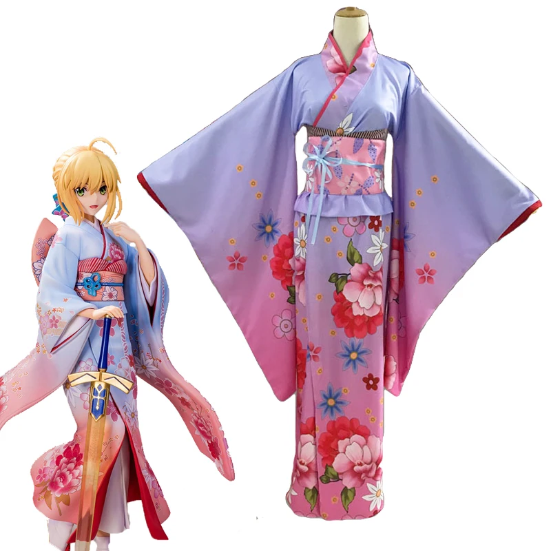 

Кимоно Aniplex Fate Stay Night Saber, юката, платье, Униформа, наряд, аниме костюмы для косплея с поясом, бантом, головной убор, талия