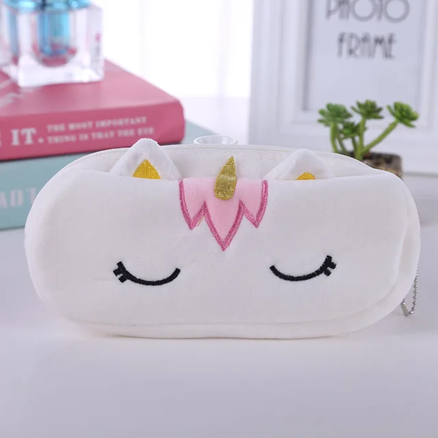 FUDEAM Soft Plush Cartoon Women Long Coin Purse Cute Zipper Girl School Stationery Pencil Case Usb Cable Storage Bag Key Wallet Unicorn White