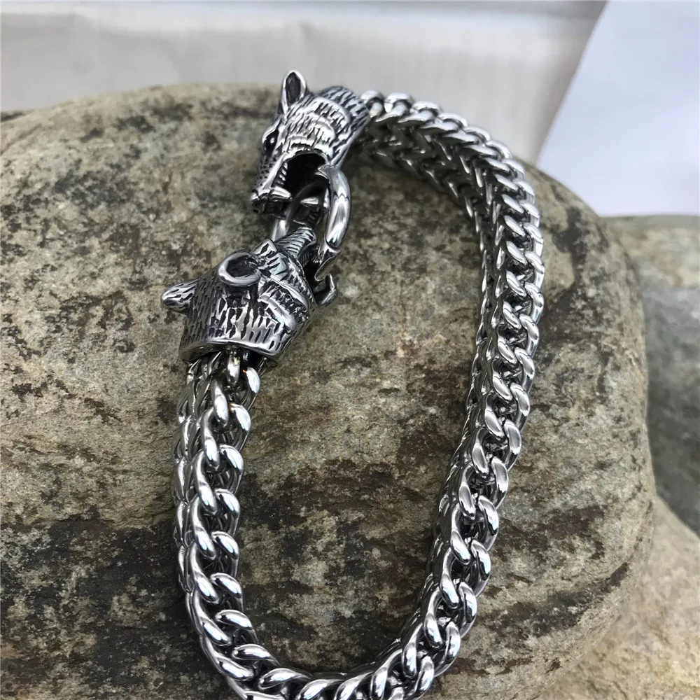 Viking Wolf Charm Bracelet Men's Stainless Steel Mesh Chain Wolf Punk Rock Bracelets Biker Jewelr 5