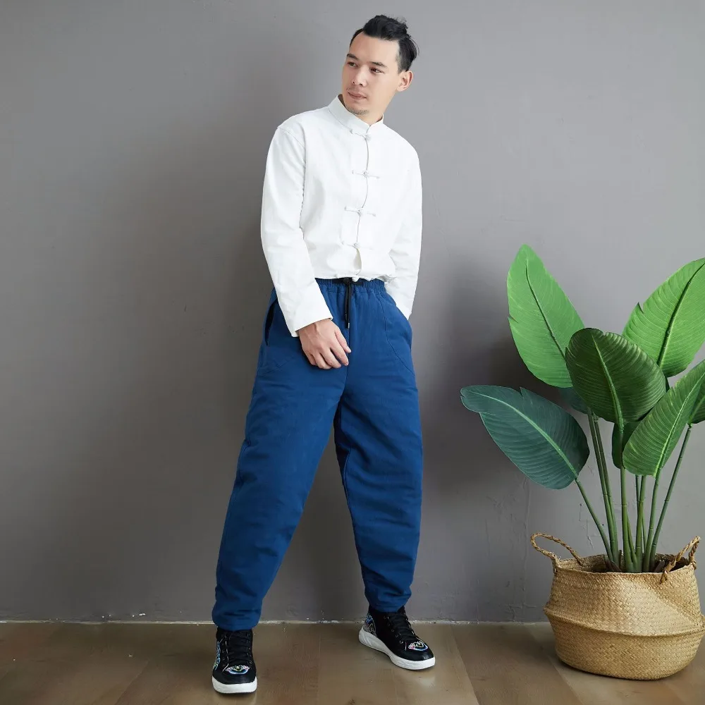 LZJN 2019 Winter Warm Men Thick Pants Double Layer Quilted Casual Pockets Male Winter Joggers Drawstring Cotton Linen Trousers (26)