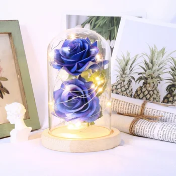 

Dropshipping 2 Heads Artificial Rose Flower With LED Light String In Glass Dome On Wooden Base For Wedding Valentine's Day Gift