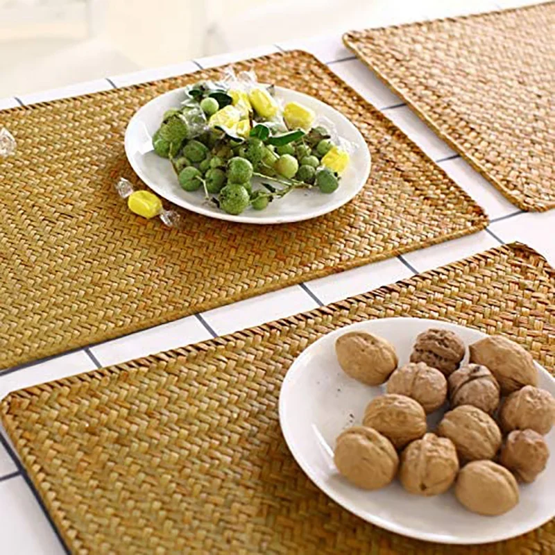 Pack of 3, Natural Seagrass Place Mat, 17.7inch x 12inch, Hand-Woven Rectangular Rattan Placemats