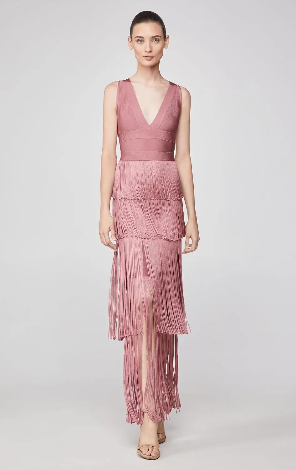 New Autumn Celebrity Party Deep V-neck Hot Gold Fashion Fringe Temperament High-end Atmosphere MAXI Long Bandage Dress Eve