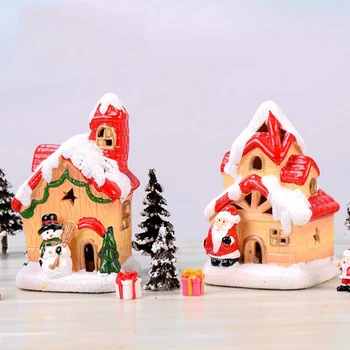 

1pc cute Christmas Snow scene House Clock Tower Castle Miniature Statue DIY Resin Crafts Figure Toy Christmas gift