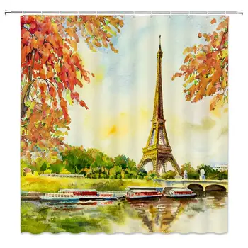 

Eiffel Tower Shower Curtain Decor France Paris Landmark River Bridge Boat Green Orange Tree Oil Painting Bathroom Curtain
