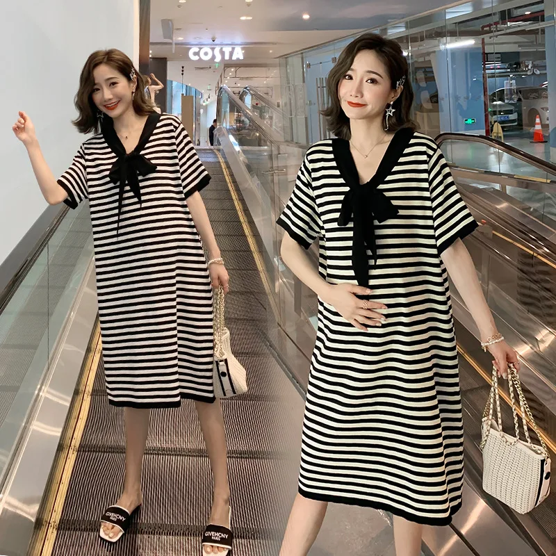 

Maternity Clothes 2019 New Style Summer Long Korean-style Viscose Knitted Bow Stripes Large Size Pregnant Women Dress