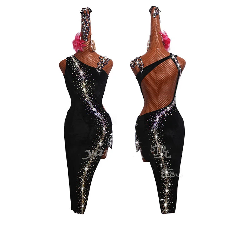 Dress Латинские одежды для конкурса танцов, костюм для выступлений для взрослых женщин, черный бархат, наклонное плечо, блестящий# LD0081 - Цвет: Dress