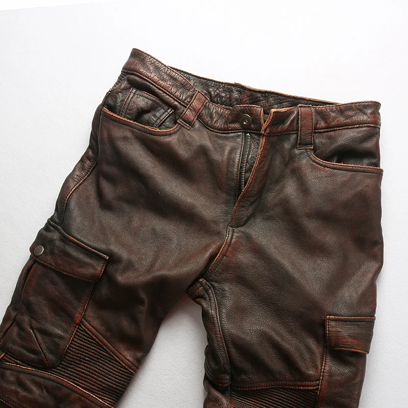Мужские штаны из натуральной кожи с карманами дизайнерские винтажные Кожаные Мотоциклетные брюки для верховой езды мужские теплые длинные брюки