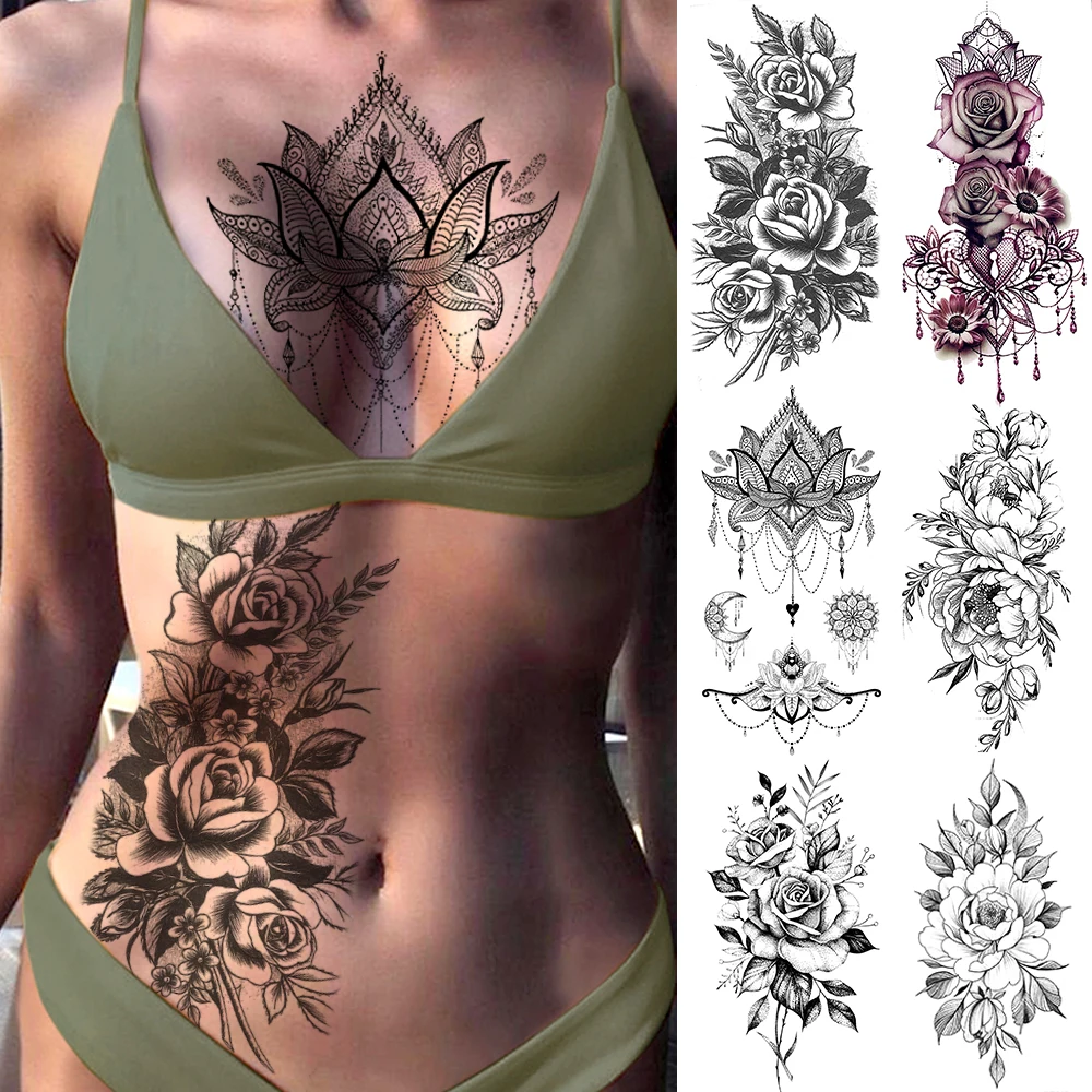 Pegatinas de tatuaje de transferencia de agua de joyería de color rosa púrpura tatuaje temporal para el pecho del cuerpo de las mujeres tatuaje de la cintura de la muchacha pulsera Flash de la flor|Tatuajes temporales|   - AliExpress - Lo mejor para la piel y la manicura