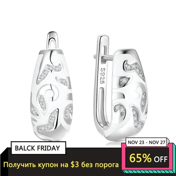 

Original 925 Silver Earrings Classic Elegant white enamel handmade painting pattern with Shinning Zircon Women Earrigns Jewelry