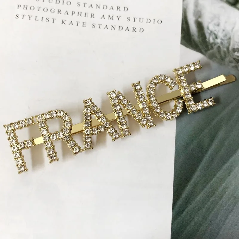 FRANCE Gold 1 шт., заколки для волос с кристаллами и буквами, стразы, заколки для волос, заколки для волос, инструменты для укладки волос, аксессуары, ювелирный подарок - Цвет: FRANCE Gold