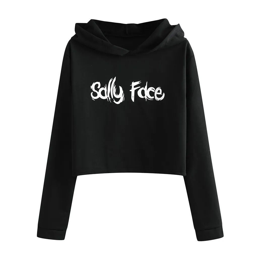 Женские толстовки с капюшоном, укороченный топ с надписью «SALLY FACE» и кошачьими ушками, укороченная Толстовка с длинным рукавом, пуловер с капюшоном, женская уличная одежда - Цвет: Black A