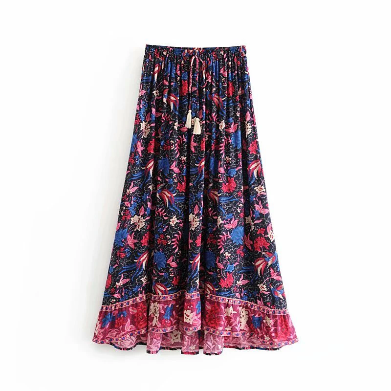 Boho chic летнее платье в винтажном стиле; с принтом цветов и птиц плиссированная юбка макси для женщин модная эластичная кулиска на талии с кисточками пляжные юбки