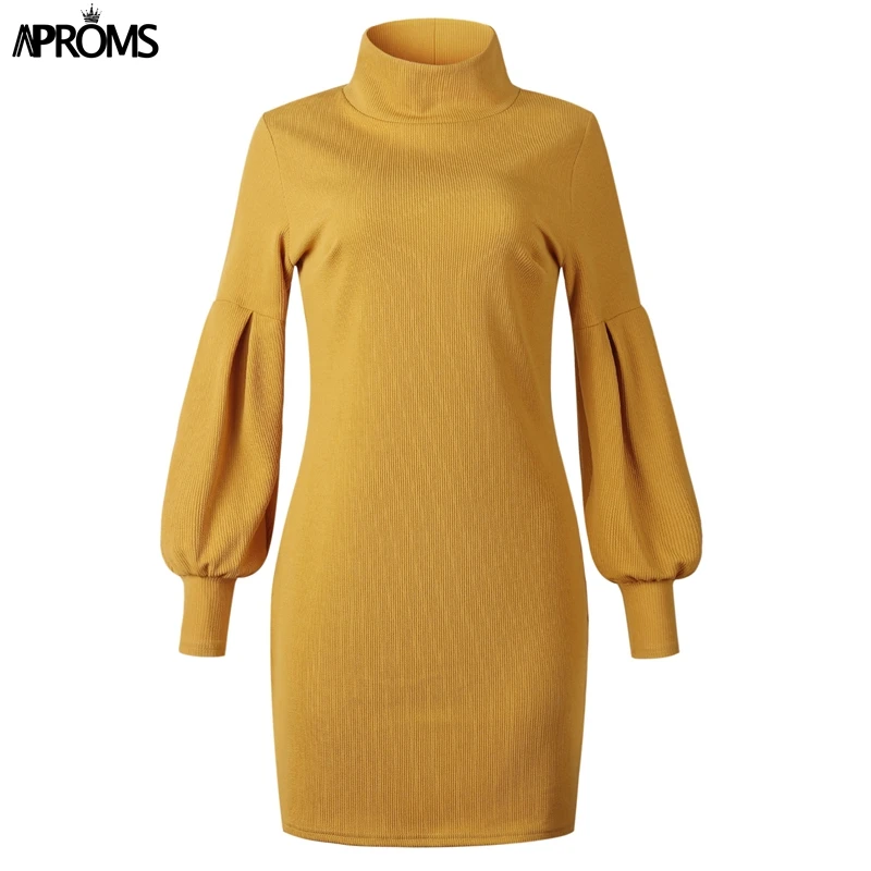 Aproms, элегантное женское платье-свитер с высоким воротом, Осень-зима, женские повседневные свободные розовые пышные вязаные платья с длинным рукавом - Цвет: Цвет: желтый