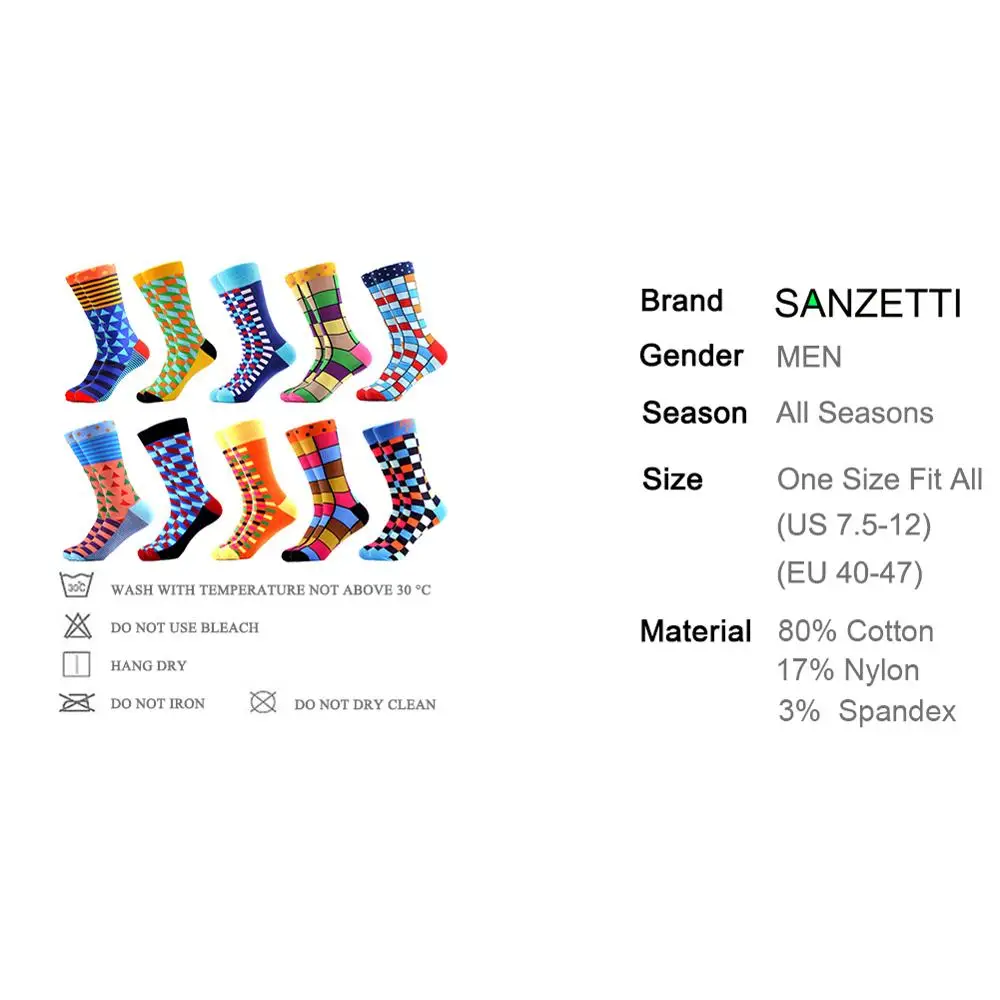 SANZETTI, 10 пар/лот, мужские цветные забавные носки с геометрическим рисунком, новинка, Веселые носки из чесаного хлопка, повседневные носки в стиле хип-хоп, забавные длинные носки