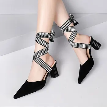 

Shoes Genuine leather Women Sandals Middle chunky High heels fashion party office female Ankle Cross Strap Shoes Ladies