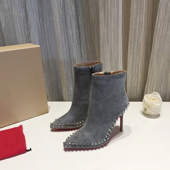 

Sexy Fashion Boots for Women Sharp Rivet Stiletto 10cm Suede/Leather Zipper Ankle Short Boots Dark/Grey 2020 New Fashion Runway