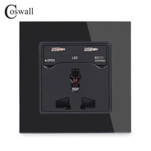 COSWALL черная кристальная стеклянная панель, электрическая настенная розетка, универсальная розетка с 3 отверстиями с двумя usb-портами для зарядки 2100 мА