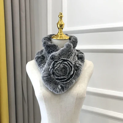 Black frost Элегантный женский модный зимний шарф из меха кролика Рекс, теплый мягкий натуральный кроличий мех, цветочный шарф, кашне - Цвет: Black frost