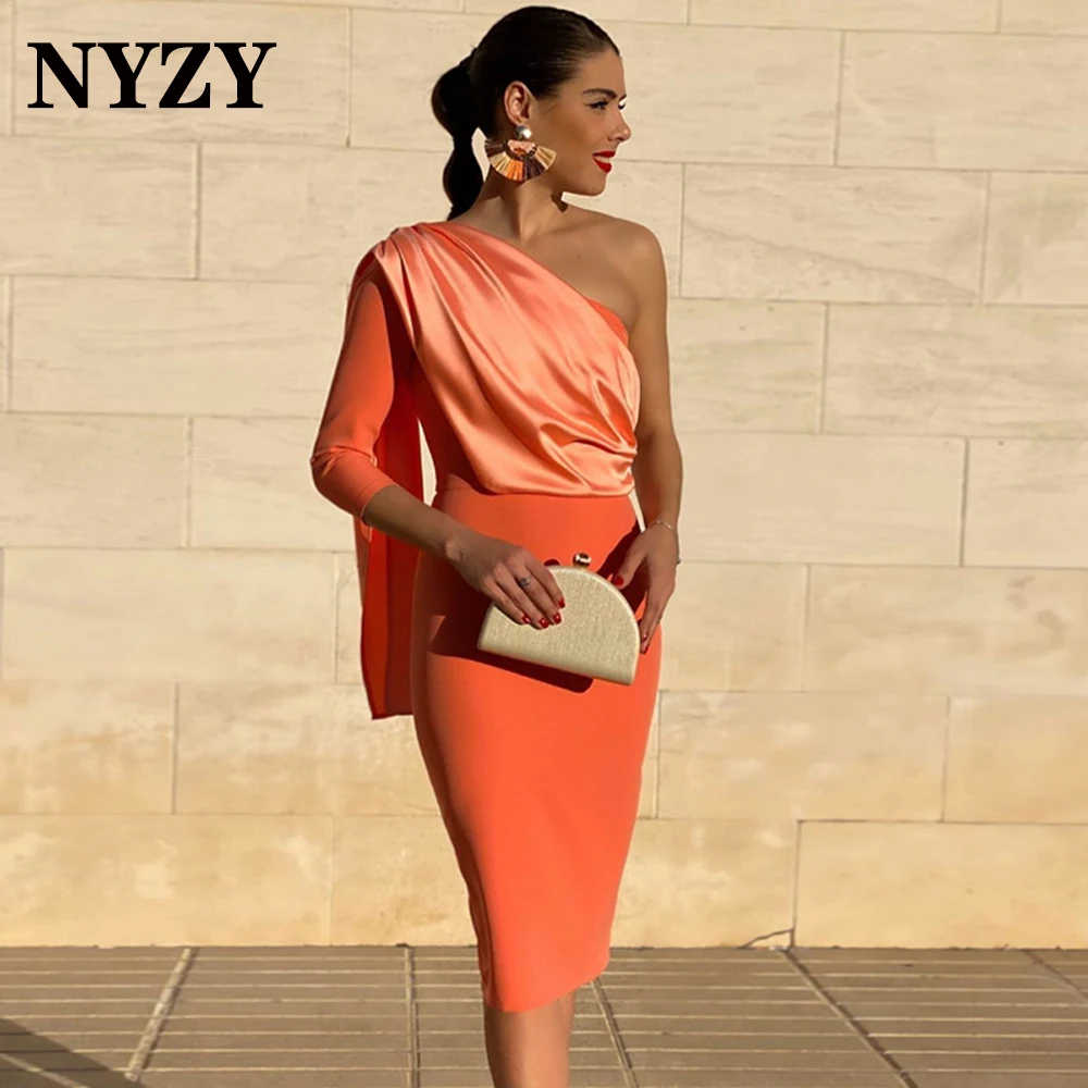 NYZY C300 Elegant Orange One Sleeve Cocktail Dresses for Party Evening Graduation Homecoming