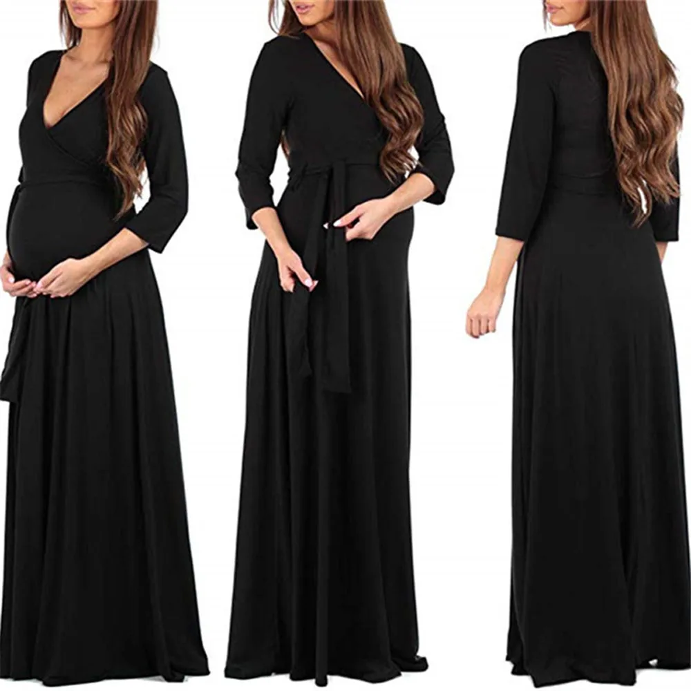 Зимнее женское платье для беременных, однотонное, с регулируемым поясом, длинное платье, платья для беременных с v-образным вырезом, макси платья для беременных, Gravida# LR2 - Цвет: Черный